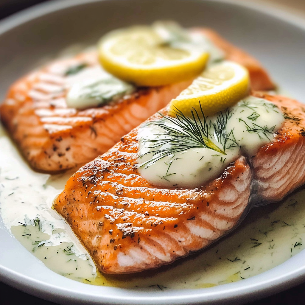 Salmon with Lemon Dill Sauce - Her Feast